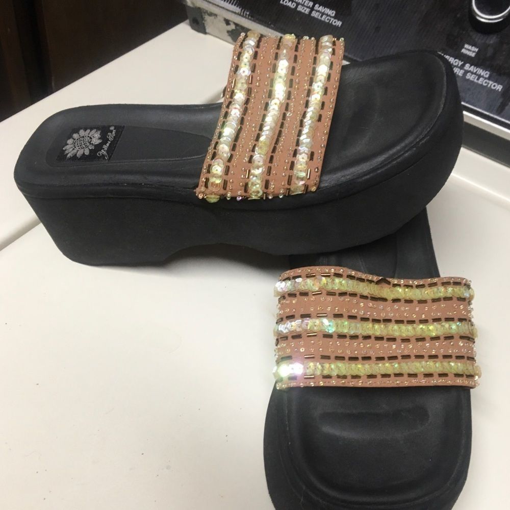 Yellow Box Sequin Wedge Slides